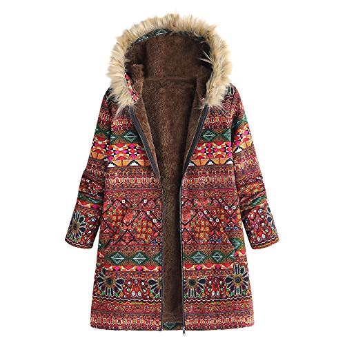 Womens Winter Vintage Floral Print Fur Hooded Oversize Coats Jacket Pockets Outwear Red