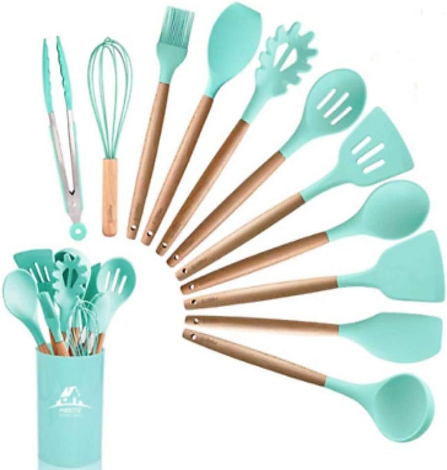 12-teiliges Küchenhelfer Set Aus Silikon - Antihaftbeschichtet & Hitzebeständig Mit Holzgriffen