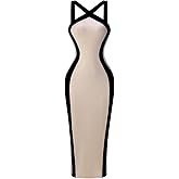 winkbay Women's Summer Bodycon Maxi Dress Elegant Color Block Slit Evening Party Cocktail Dresses