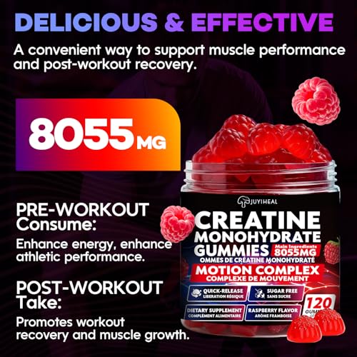 JUYIHEAL 8-in-1 Creatine Monohydrate Gummies, 8055 mg Creatine Complex Gummies for Enhanced Muscle Growth, Energy Boost - with L-Taurine, B6, Sugar Free Creatine Supplement, 120 Count, Vegan, Raspberry Flavor