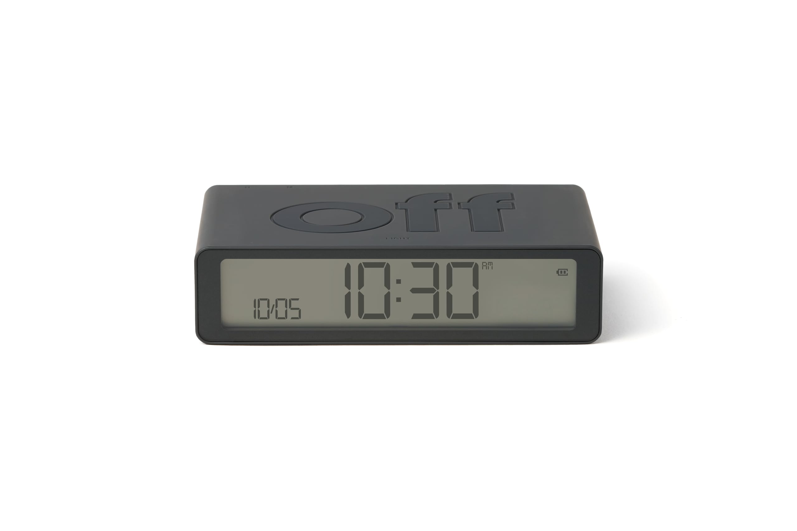 Lexon Flip Classic Digital Alarm Clock with Reversible On/Off Faces, Rechargeable bedside clock with LCD display, Touch Sensor for Snooze & Light function - Dark Grey