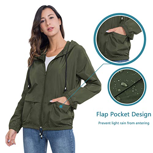 JTANIB Waterproof Windbreaker for Women, Active Outdoor Hooded Lightweight Packable Rian Coats L Arm Green - Thumbnail 3
