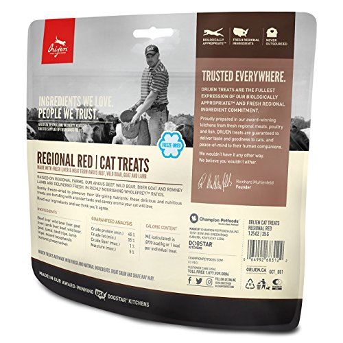 ORIJEN Freeze Dried Cat Treats Grain Free High Protein Raw Animal Ingredients Regional Red 1.25oz Bag