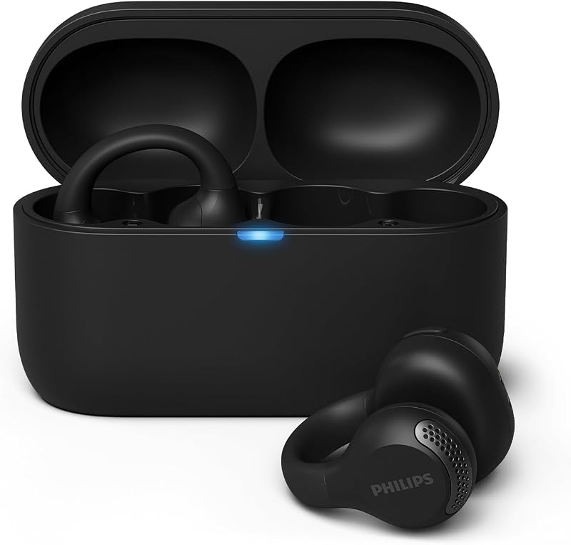 TAQ2000BK ohraufliegende True Wireless Multipoint-Bluetooth-Ohrhörer mit Ohrmanschette - 28 Stunden Spielzeit, Kompaktes Lade-Case, Klare Anrufe, für Arbeitsweg und Sport - Schwarz