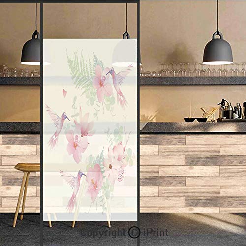 3D Decorative Privacy Window Films,Tropical Flowers with Flying Hummingbirds Wild Nature Bare Branches Blooms,No-Glue Self Static Cling Glass Film for Home Bedroom Bathroom Kitchen Office 24x71 Inch