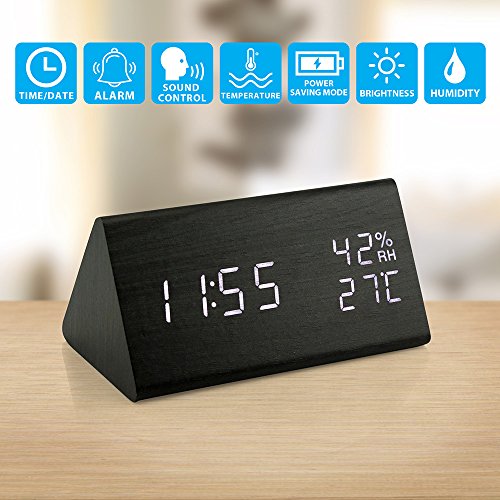 UPC 649558342141, Oct17 Wooden Alarm Clock, Wood LED Digital Desk Clock, UPGRADED With Time Temperature, Adjustable Brightness, 3 Set of Alarm and Voice Control, Humidity Displaying - Black