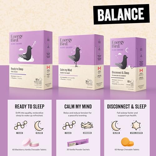 Energy Bird Sleep Aid Chewable Tablets with L-Theanine & Melatonin | Sleep Supplements for Adults | Relaxation Support Formula, Vegan, Blackberry Vanilla Flavour, 60 Count