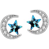 SLUYNZ 925 Sterling Silver Star Moon Earrings Studs for Women Moon Studs Earrings Blue Crystal Cubic Zirconia Earrings