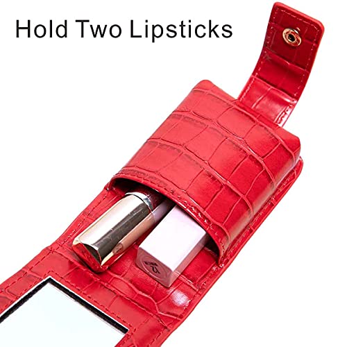 Lipstick Case,Lipstick Organizer with Mirror,Lipstick Holder for Purse,Portable Mini Bag for Lipstick,Hold 2 Lipstick or Lip Gloss(Red)