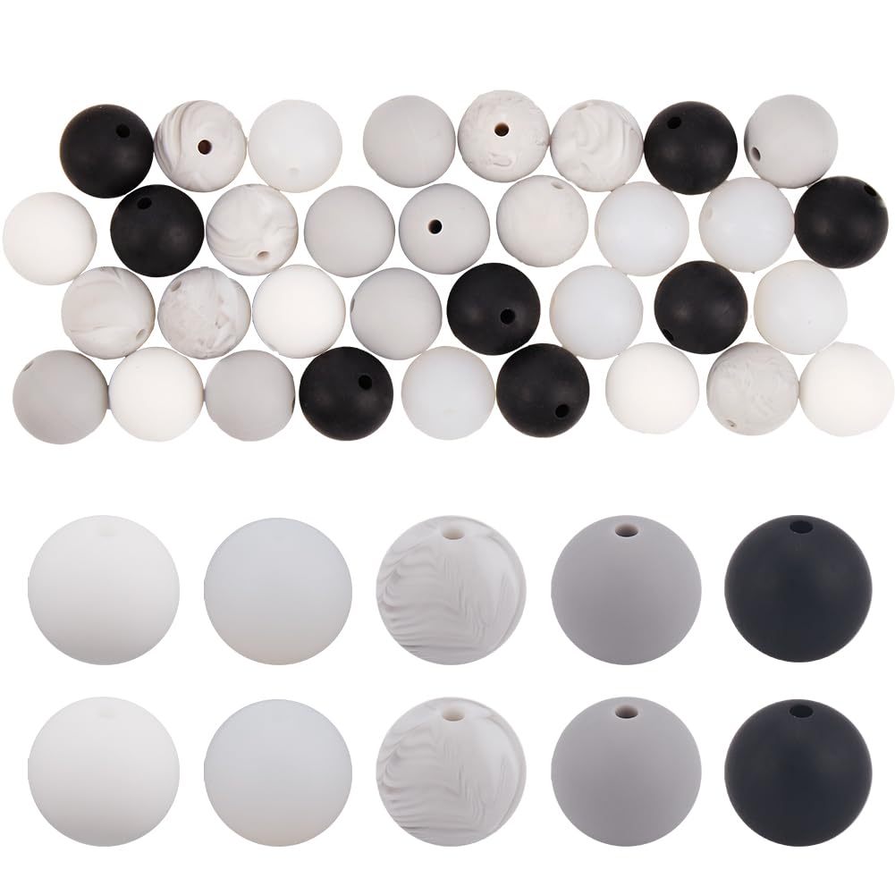 SOFPLATE 75Pcs 1Box 5 Colors 15mm Silicone Beads Bulk White Silicone Beads Soft Rubber Black White Light Grey Round Chunky Loose Bead Bulk for jewellery Making DIY Beaded Keychain Crafting Supplies