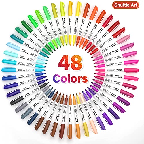 Shuttle Art Permanent Markers, 48 Colors Fine Point, Assorted Colors with Travel Case, Ideal for Adults Coloring Doodling on Plastic, Glass, Wood and Stone, Gift for Kids