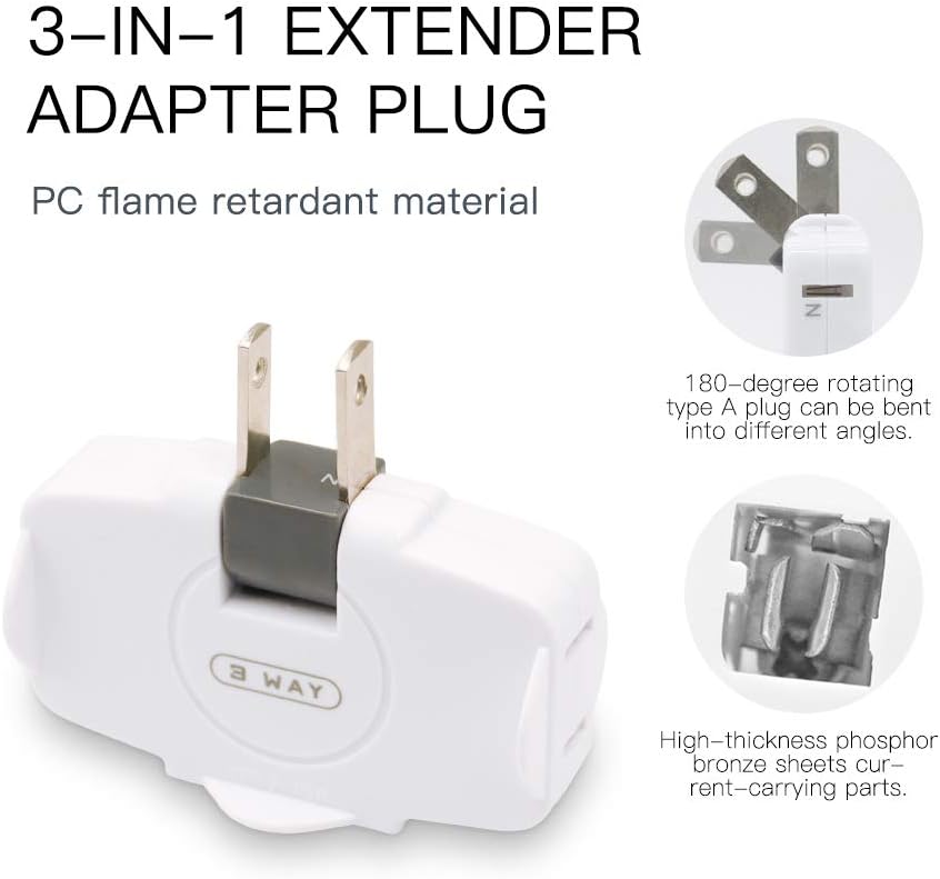 SYCON 3 Way Wall Outlet Extender AC Adapter, 2-Prong Swivel Mini Indoor Wall Tap Power Outlet Extender Plug, White - - 