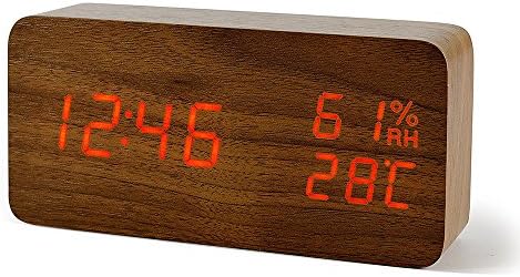 Xianan LED Wood Alarm Clock Modern Desk Clock Small Floor Clock Date / Temperature / Humidity Display Digital Alarm Clock (Brown-red)