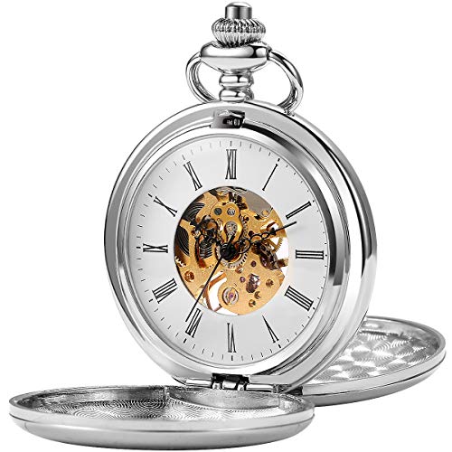 SIBOSUN Double Open Skeleton Pocket Watch Mechanical Hand Wind Full Hunter Watch + Box