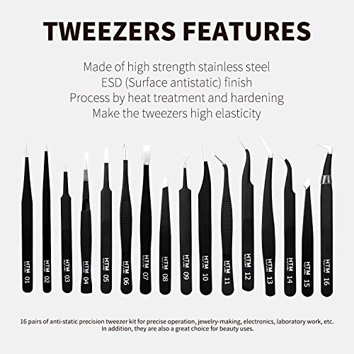 16 Pcs Sharp Precision Tweezers Set,Including 16 Types Of AntiStatic Stainless Steel Esd