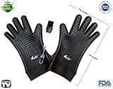 Bee Sili Silicone BBQ Grill Gloves / Pot Holder Oven Mitts with Silicon Basting Brush - L-XL Fits Big Hands - Black