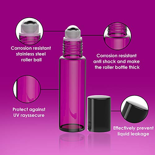 4 Pack - Essential Oil Roller Bottles [Metal Chrome Roller Ball] FREE Plastic Pippette, Funnel and Bottle Opener Refillable Glass Color Roll On for Fragrance Essential Oil - 10 ml 1/3 oz (Purple) - Thumbnail 2