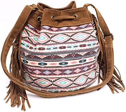 Boho Bucket Tote Women's Fashion Drawstring Bag Bohemian Corssbody Bag with Tassels by Tossa