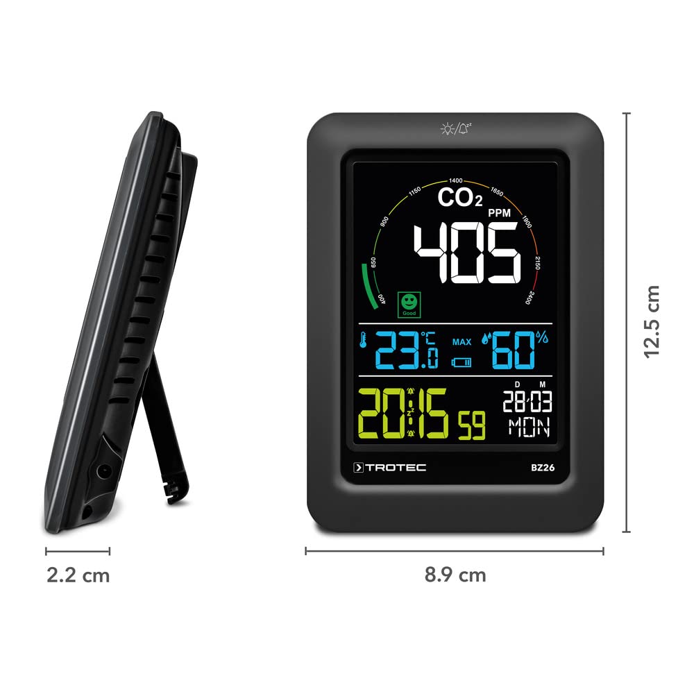 TROTEC CO2 Messgerät BZ26 – Luftqualitätsmonitor – Messbereich 400 bis 5000 PPM, Lufttemperatur, Relative Luftfeuchte, Wohlfühlindikator-Anzeige 2