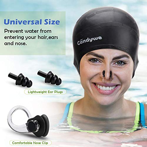 Candywe Swim Cap Cover Ears, Waterproof Silicone Bathing Swimming Cap,Swim Hat for Long Short Hair Women Men Kids Swimming Pool Caps with Nose Clip and Ear Plugs (Black)