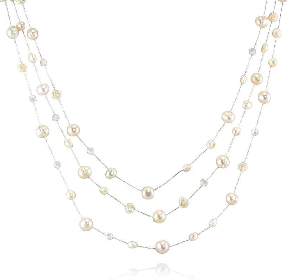 Silk Thread and Cultured Freshwater Pearl Clear Crystal 3-Strand Necklace, 18-20 inches