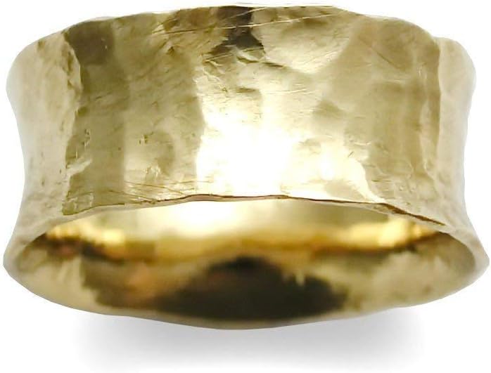 Wide hammered 14K gold wedding band