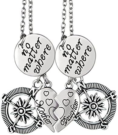 Yee Yeung 2 Pcs No Matter Where Compass Broken Heart Pendant Necklaces Mother Daughter Necklaces