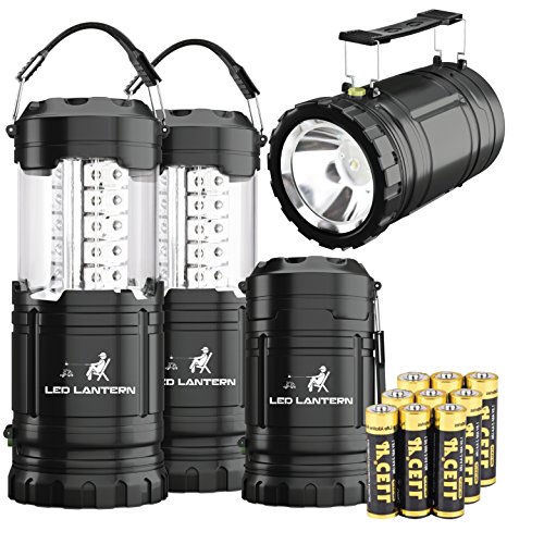 MalloMe 2-IN-1 LED Camping Lantern & Flashlight with 12 AA Batteries – Survival Kit Gear for Emergency, Hurricane, Storm, Outage (Black, Collapsible), 4 Pack