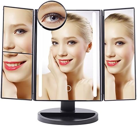 16 LED Makeup Mirror,Tri-fold Lighted Vanity Mirror with Touch Dimmer Brighter, 1x/2x/3x/10x Magnification Cosmetic Makeup Mirror, 180-Degree Rotation, USB Charging or Battery Powered