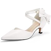 Coutgo Womens Low Kitten Heel Bow Heels Dress Shoes Closed Pointed Toe Ankle Strap Elegant Wedding Party Pumps