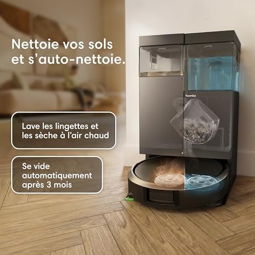 Roomba Plus 415 Combo Robot + AutoWash - 20KPa - Base Multifonction - Lavage des lingettes - séchage des lingettes à l'air Chaud - LiDAR Clearview - 75 Jours d'autovidage - Noir