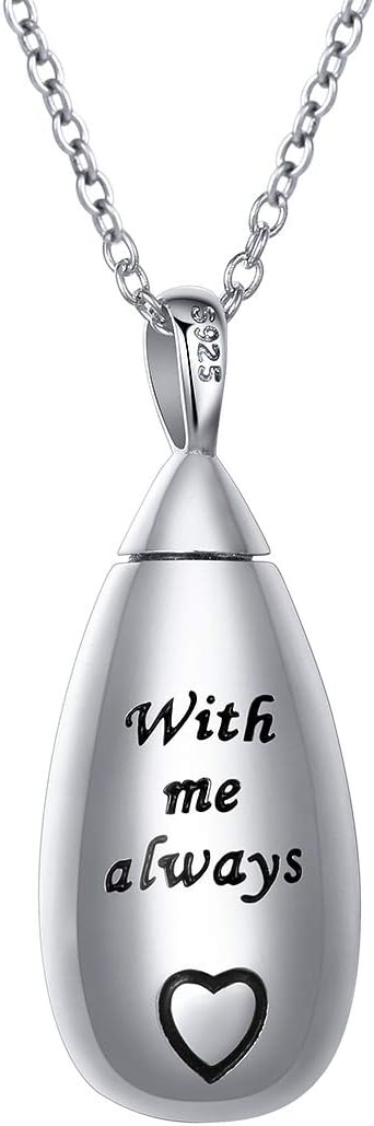 Cremation Pendant Heart Drops Jewelry 925 Sterling Silver Memorial Lockets Urn Ashes Keepsake Cylinder Necklace Pendant Engraved Always in My Heart