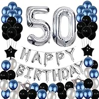 50th Birthday Decorations,50 Birthday Balloons Party Supplies Happy 50 Birthday Banner Blue and Silver Black Foil Star Balloons for Women Men(81PCS)