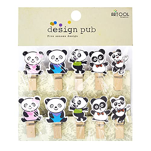 Artool A63 Cute Mini Pandas Wooden Photo Paper Clips with Rope for Paper Craft, Photograph, Office Note memo Holder, Card Holder (Set of 10)