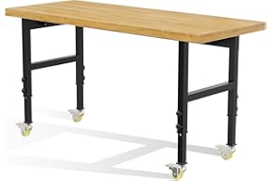 MAEMTTES 60” Heavy-Duty Solid Wood Work Bench Work Table with Wheels, Adjustable Height Portable Workbench with Power Outlets, 3000 Lbs Capacity Workstation for Garage, Workshop, Office, Shop, Outdoor…