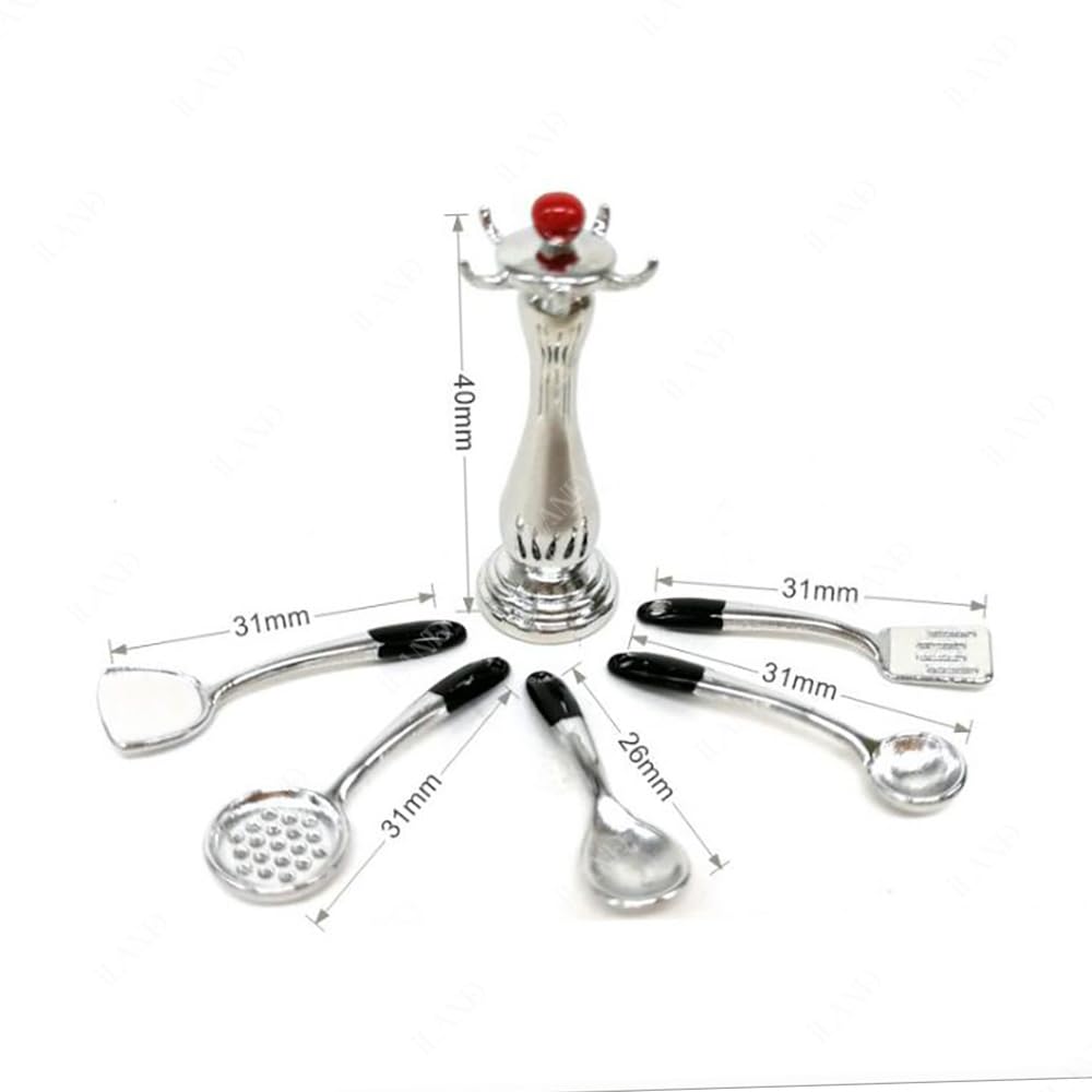 iLAND 1/12 Scale Accessories of Dollhouse Kitchen, Dollhouse Miniatures Cooking Set, Mini Metal Pots & Pans & Turners w/Stand