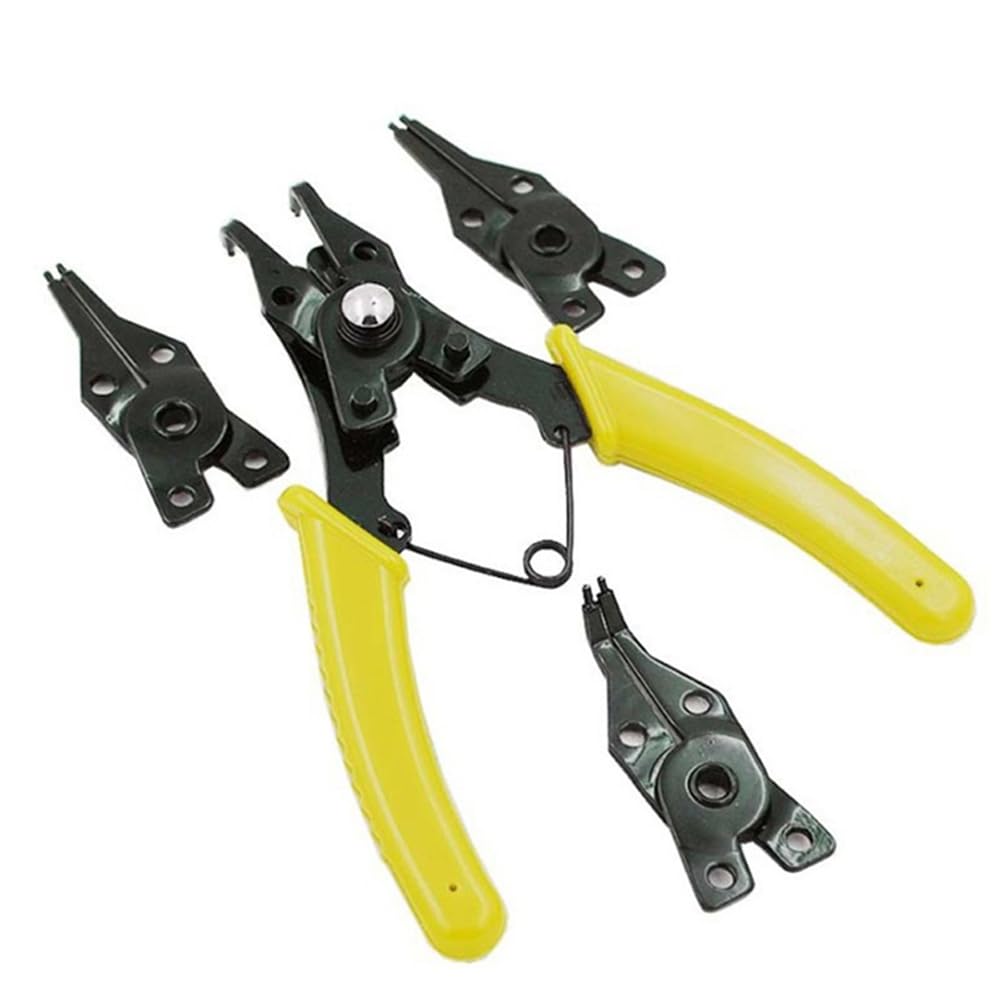 4 in 1 Circlip Pliers, Internal External Circlip Snap Ring Pliers with 4 Exchangeable Jaws for Retaining Ring Installation and Removal, 5 inch, Yellow
