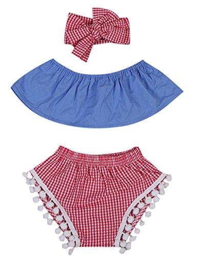 stylesilove Infant Baby Girl Casual Blue Top with Pompom Bloomers and Matching Headband 3 pcs Sunsuit (90/6-12 Months)