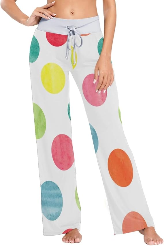 Amazon Akiraki ルームパンツ レディース ロングパンツ ドット 水玉 ホワイト 白 かわいい ヨガパンツ ヨガウェア ルームウェア 部屋着 体型カバー オールシーズン 女性用 ボトムス パジャマ ルームウェアボトムス 通販