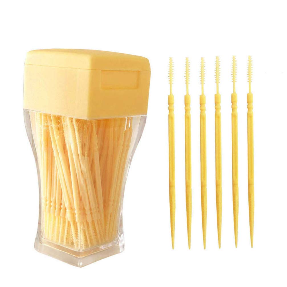 SUPVOX 200pcs Interdental Brush Toothpicks Double Head Plastic Safe Tooth Cleaning Tool for Adults Women Men(Light Yellow)