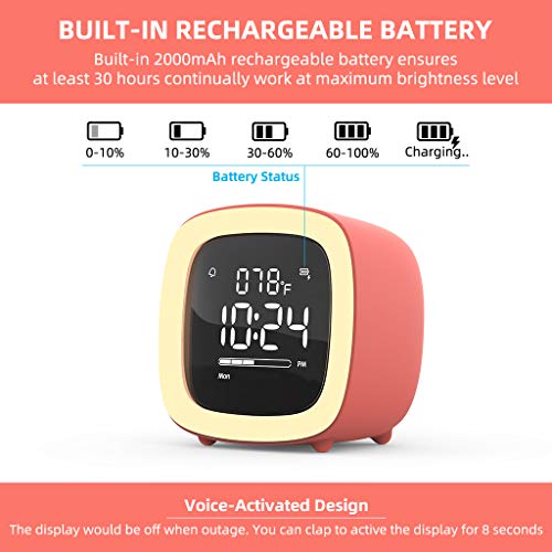 Kids Alarm Clock, Cute-TV Night Light Alarm Clock for Kids, Girls, Children, Bedroom, Rechargeable Battery Operated Alarm Clock with Sleep Timer, Indoor Thermometer - Living Coral - Thumbnail 3