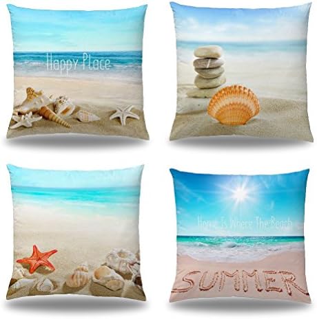 Carrie Home 4 Pack Happy Place Summer Beach Throw Pillow Covers, Ocean Theme Mediterranean style 18 x 18 inch Couch Decor Pillowcase with Conch-Starfish-Stone-Sunshine-Sea-Beach Pattern, White
