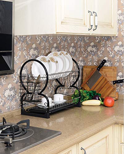 2-Tier Dish Rack and Drain Board, Brilliant Black Large Kitchen Plate Cup Dish Drying Rack Storage Tray Cutlery Dish Drainer Room Saving