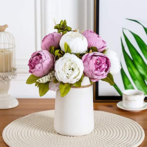 クイーン ハチ シルク 牡丹 ブーケ セラミック花瓶付き Lサイズ 14インチ ウェディング センターピース イベント 誕生日 ギフト ブライダル ベビーシャワー 花柄 造花 ライトパープル ライラック ホワイト