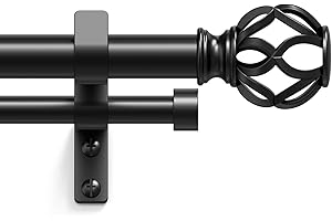Double Curtain Rod 84 to 120 Inch, Black Long Dual Curtain Rods with Decorative Aluminium Twisted Cage Finial, 1 Inch Adjusta