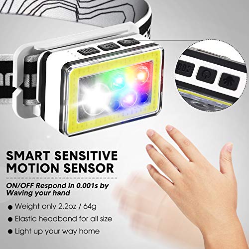 USB Rechargeable Headlamp Flashlight, 4 Colors 10 Modes Lightweight LED Headlights with Hand Induction Sensor IP45 Waterproof for Outdoor Reading Running Camping Hiking Cycling Fishing Hard Hat Helmet