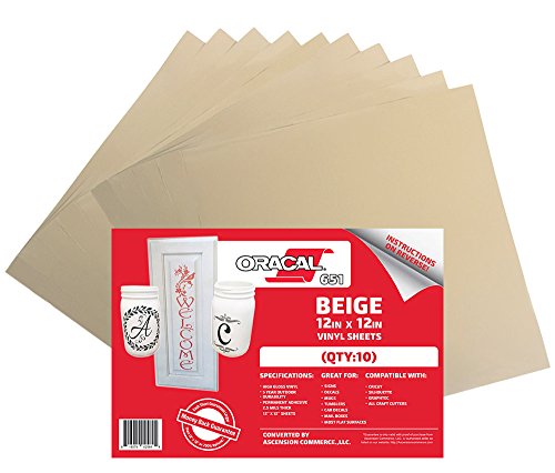 (10 Sheets) Oracal 651 Beige Adhesive Craft Vinyl for Cricut, Silhouette, Cameo, Craft Cutters, Printers, and Decals - 12" x 12" - Gloss Finish - Outdoor and Permanent
