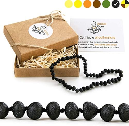 Natural Baltic Amber Teething Necklace For Babies - Anti Inflammatory, Drooling & Teething Pain Relief - Black Color - Unpolished - Unisex, 12.5 Inches, Screw Clasp, Knots - Perfect Baby Shower Gift