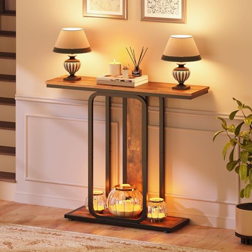 HOOBRO Industrial Style Console Table with Storage Space 2 Tier Geometric Frame Sideboard for Hallway Entryway Living Room Bedroom Rustic Brown Black EBF68XG01