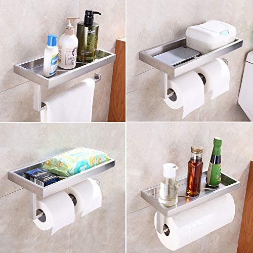 Paper Towel Holder with Shelf, APLusee SUS304 Stainless Steel Bathroom Toilet Paper Holder with Wet Wipes Dispenser, Kitchen Seasonings Spice Rack Storage Organizer, Brushed Nickel